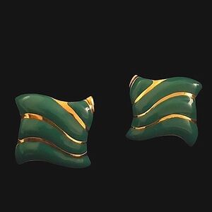 Vintage Teal Green and Gold Clip On Earrings
